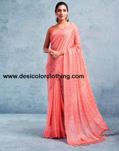 Peach Chiffon Printed  Saree