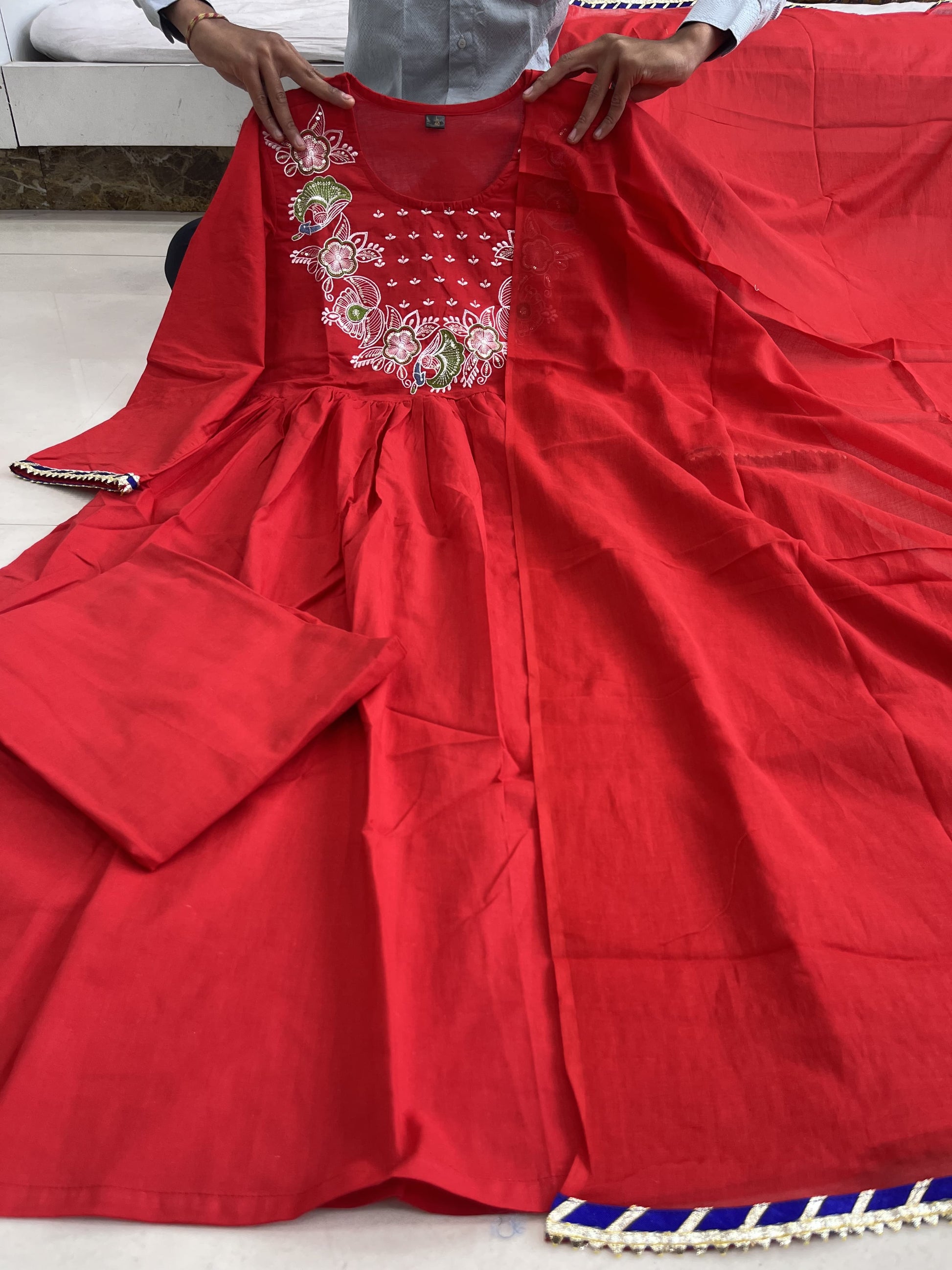 Product Image - Designer Cotton Anarkali Suit Set with Embroidered Dupatta - Festive & Wedding Wear
