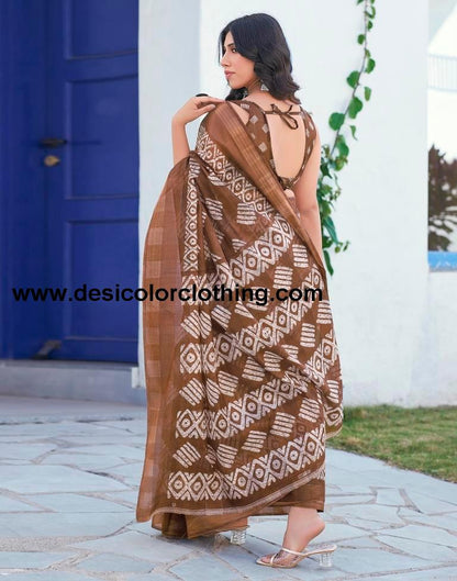 Brown Printed Cotton Saree