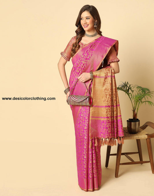 Pink. Beige Banarasi Silk Saree