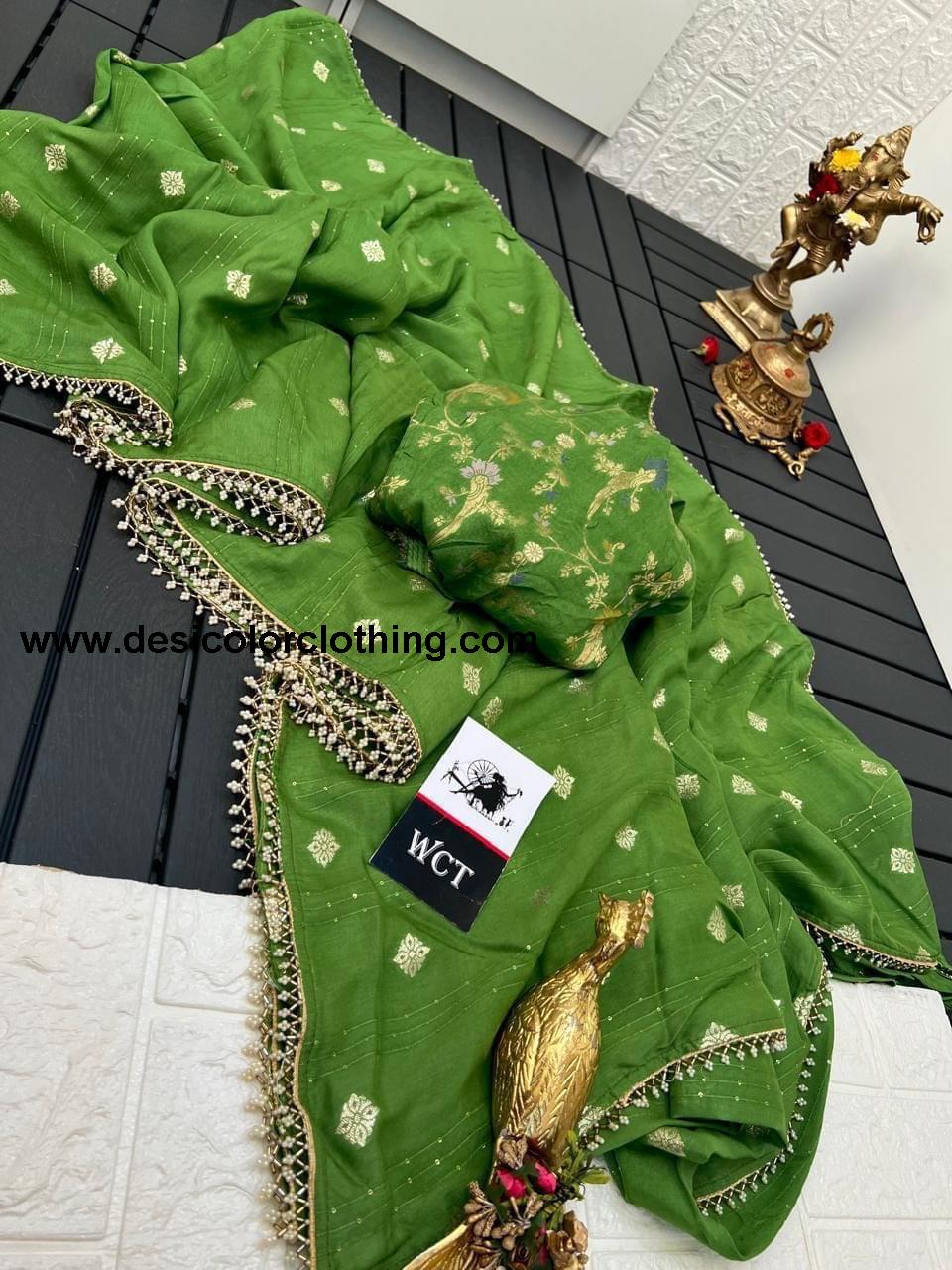 Pure viscose Russian Dola Crepe with sequence weaving and jacquard butti with pearls lace with fancy blouse
