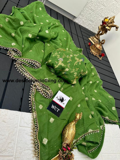 Pure viscose Russian Dola Crepe with sequence weaving and jacquard butti with pearls lace with fancy blouse