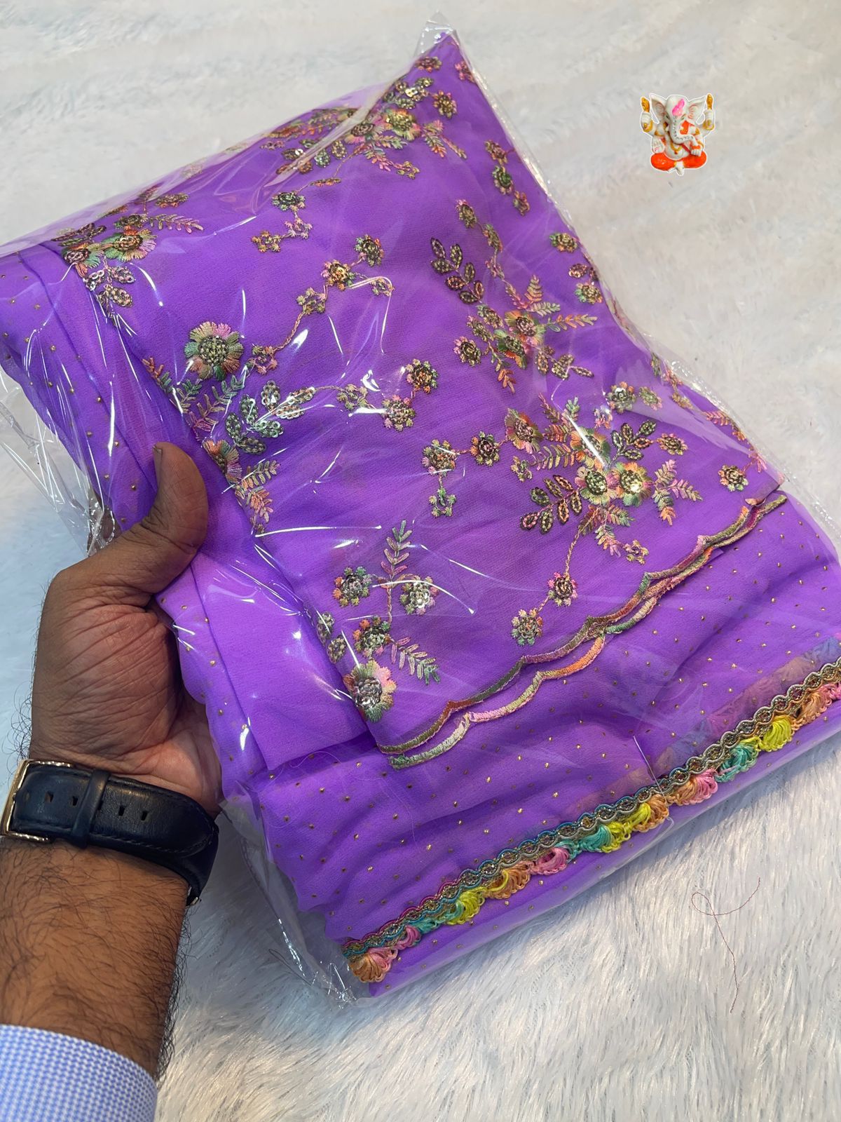 Product Image - Designer Georgette Saree with Multi Embroidery & Rainbow Lace