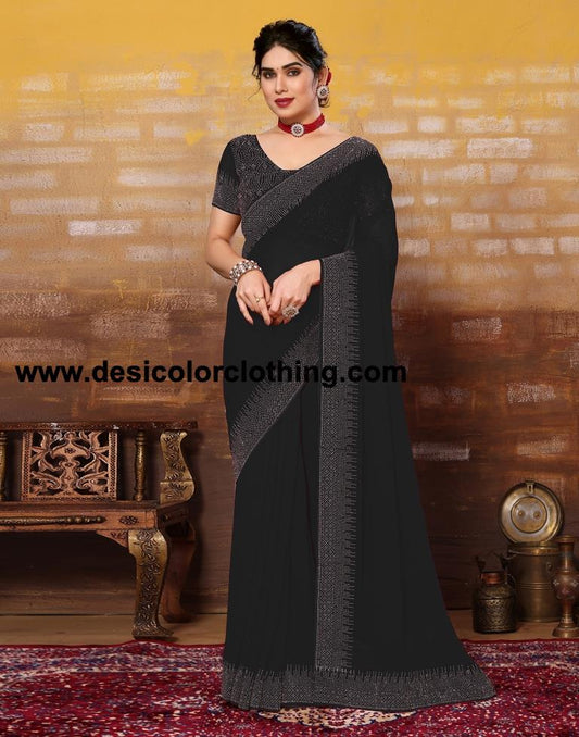 Black Plain Georgette Saree