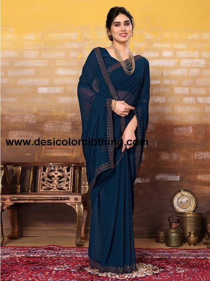 Teal Blue Plain Georgette Saree