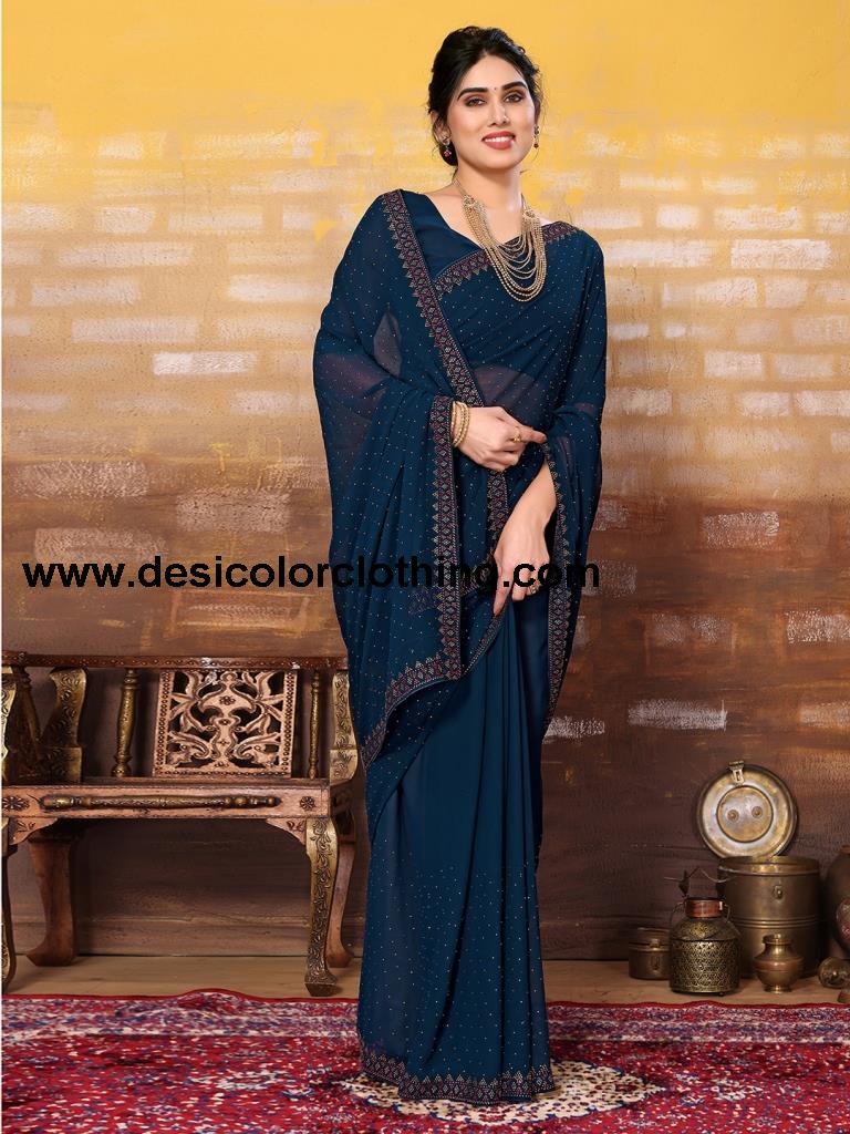 Teal Blue Plain Georgette Saree