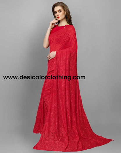 Red Coloured Russell Net Partywear saree