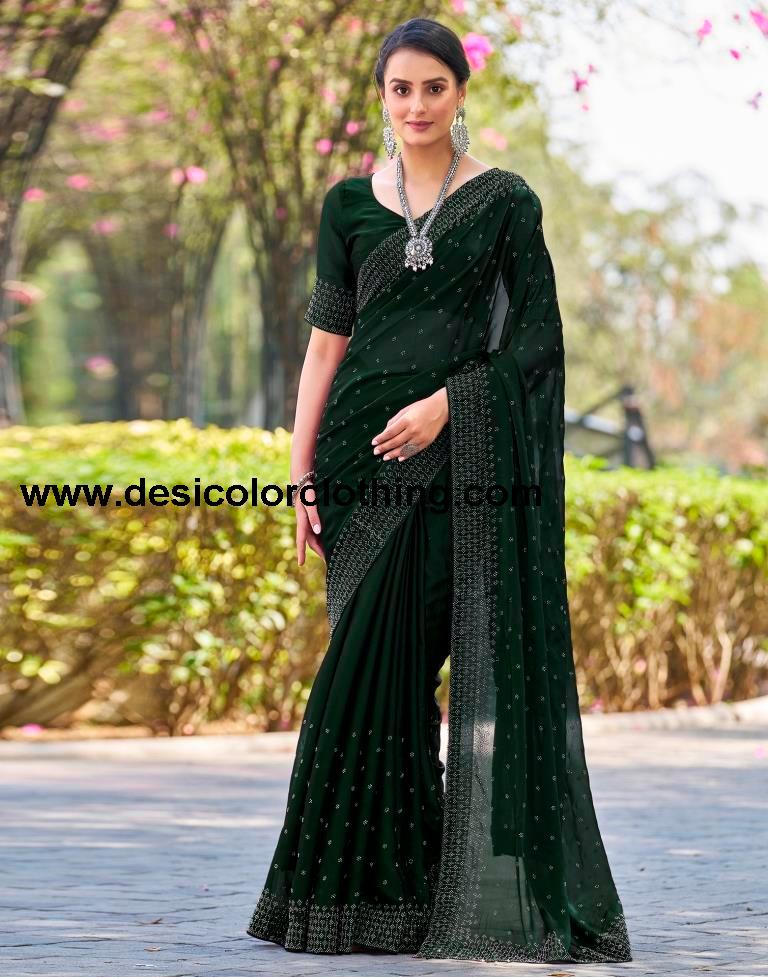 Dark Green Georgette Plain Saree