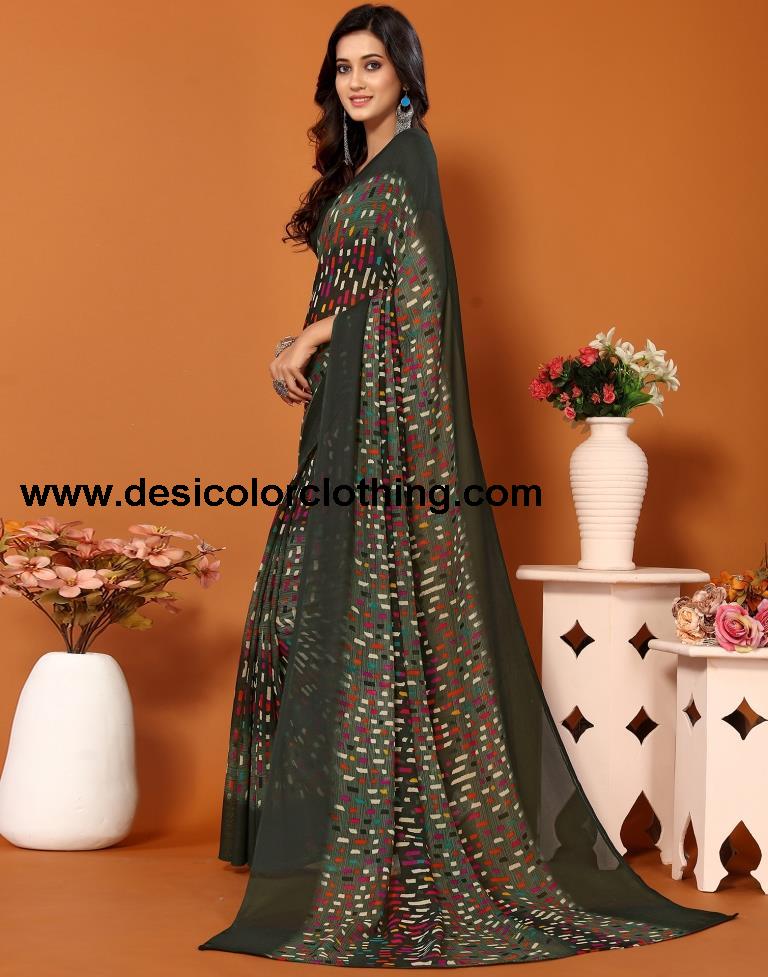 Dark Green Georgette Printed Saree