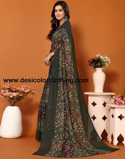 Dark Green Georgette Printed Saree
