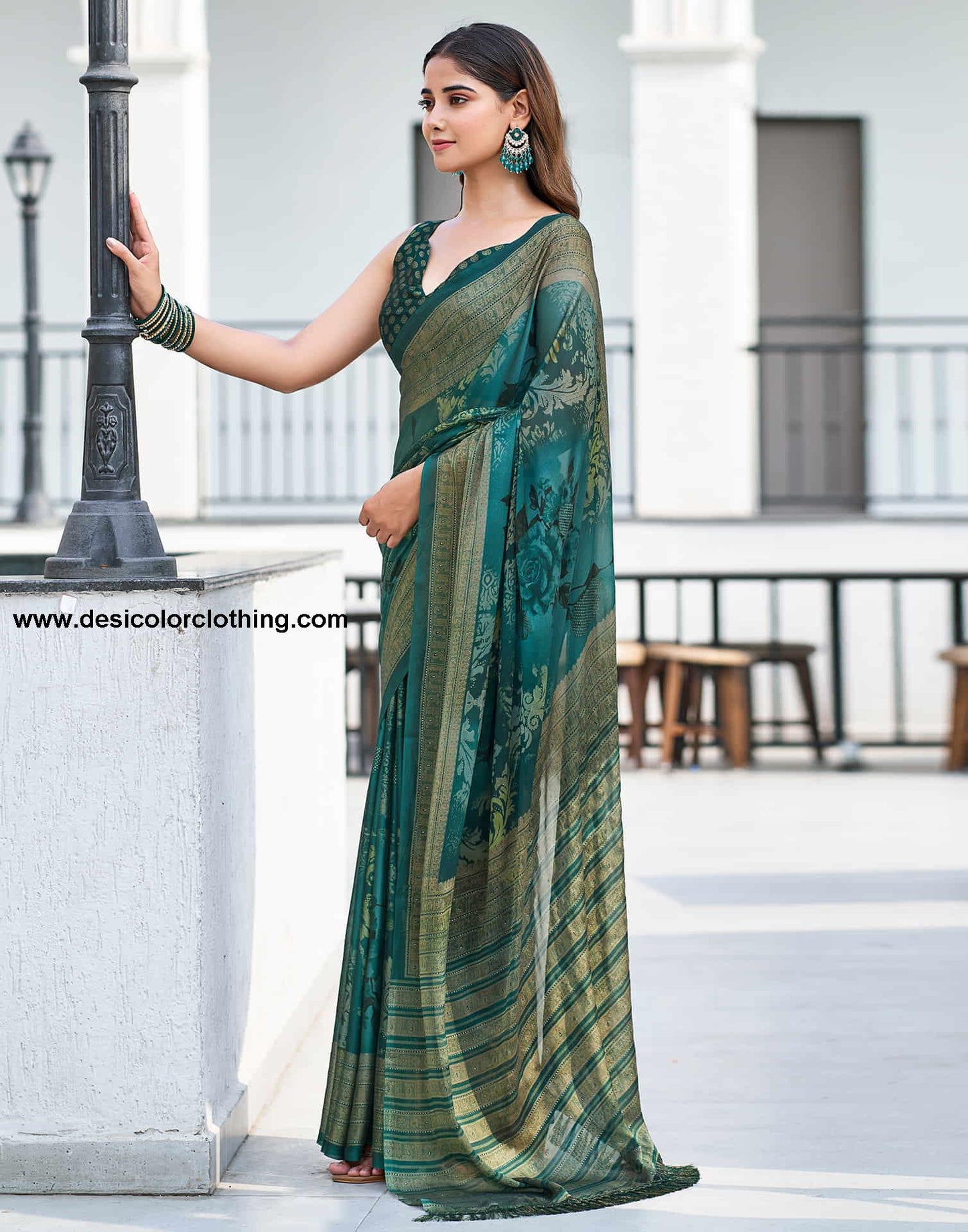 Rama Green Georgette Printed Saree