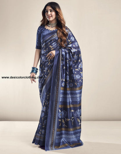 Royal Blue Floral Silk Saree