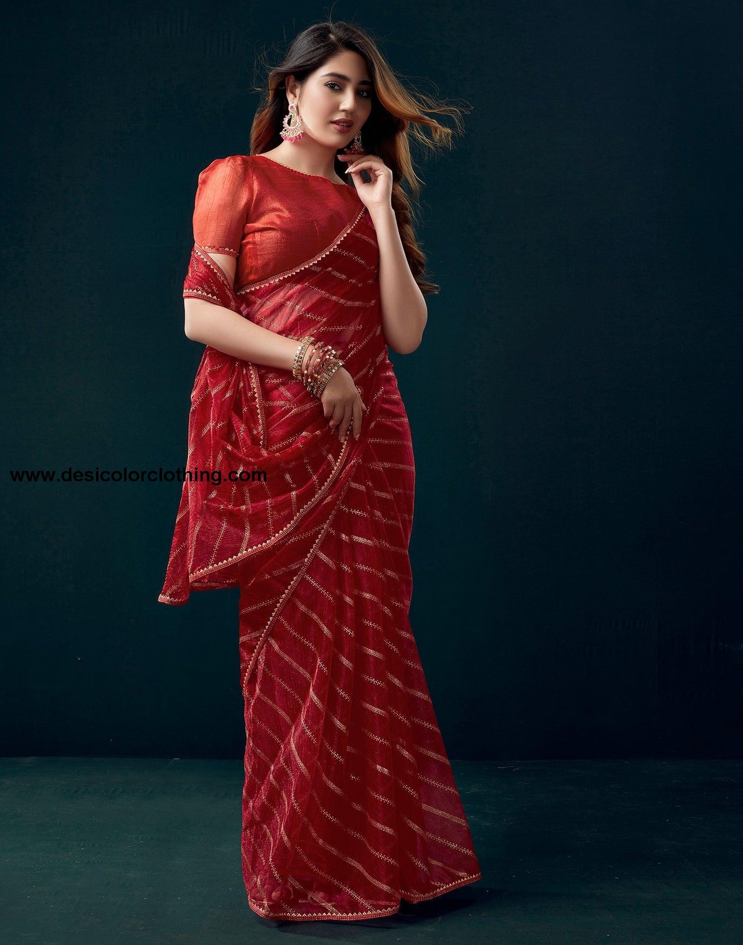 Red Net Plain Saree