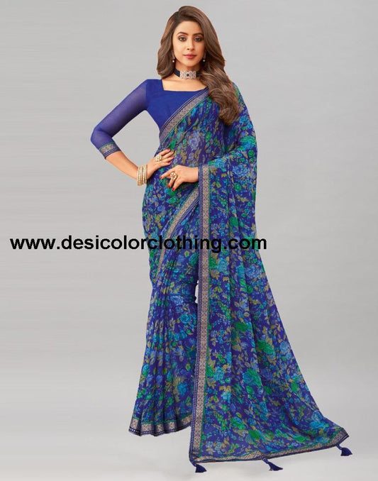 Royal Blue Printed Chiffon Saree | 1976S511
