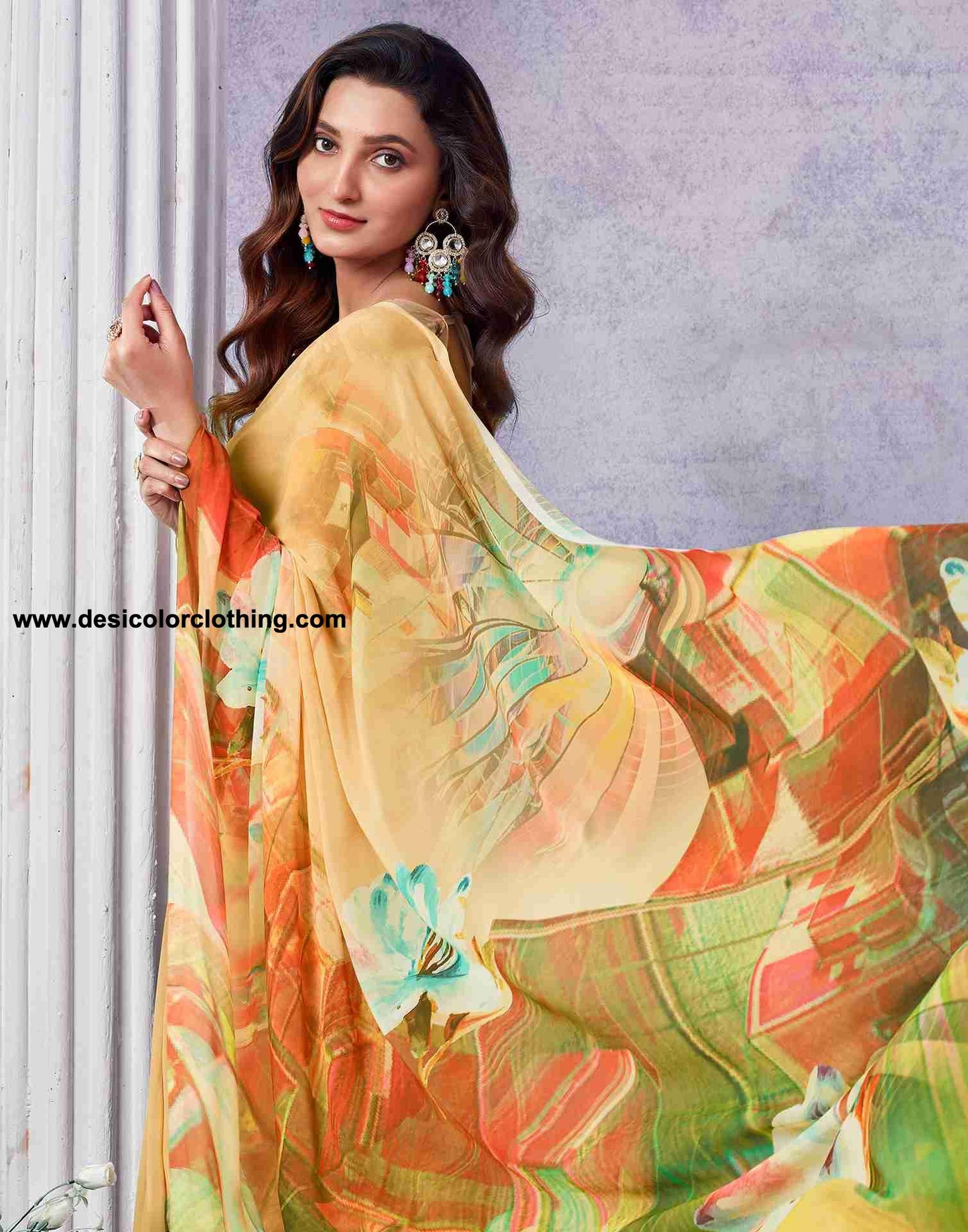 Yellow Georgette Printed Saree