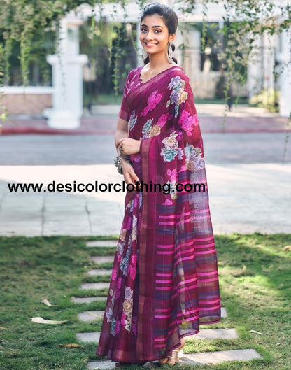 Dark Purple Cotton Printed Saree