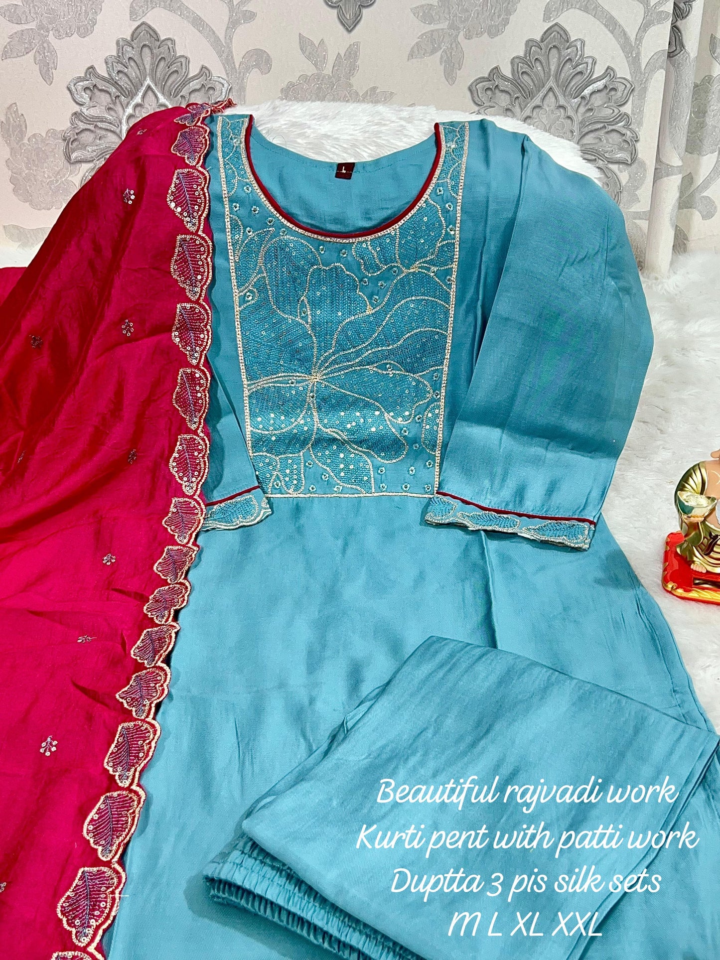 Product Image - Designer Handwork Kurti with Pant & Dupatta Set in Premium Roman Silk – Festive & Wedding Ready