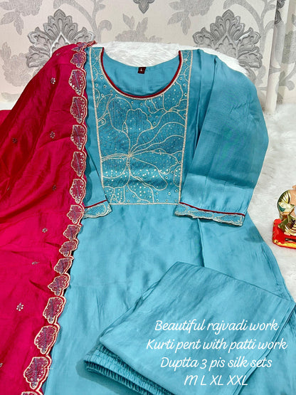 Product Image - Designer Handwork Kurti with Pant & Dupatta Set in Premium Roman Silk – Festive & Wedding Ready