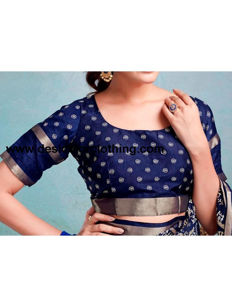 Dark Blue Silk Printed  Saree