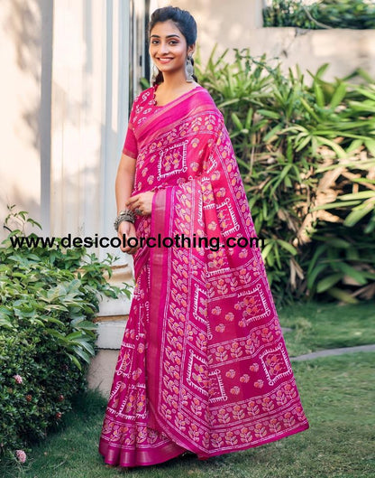 Rani Pink Silk Printed Saree