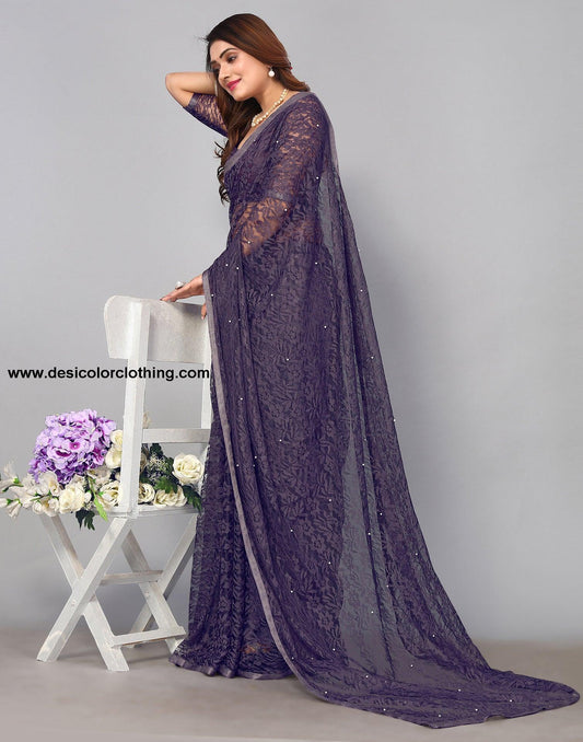 Purple Net Lace Saree
