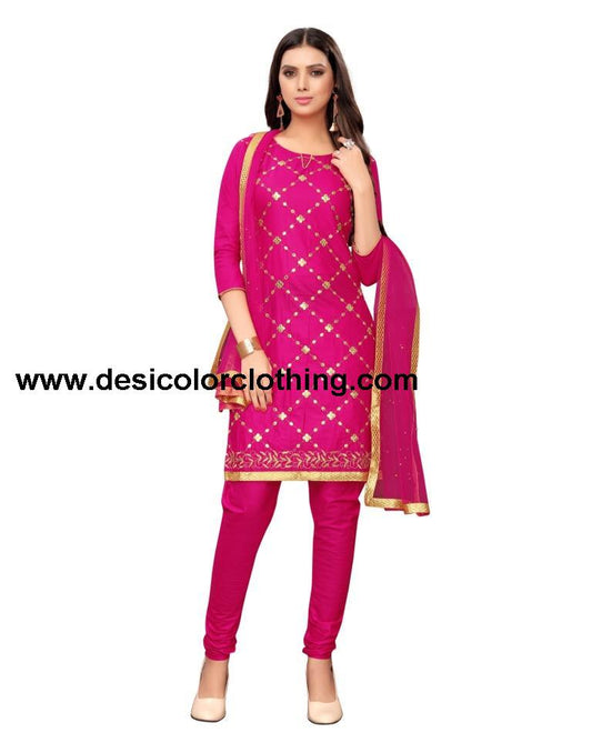 Pink Cotton Embroidered Unstitched Salwar Suit