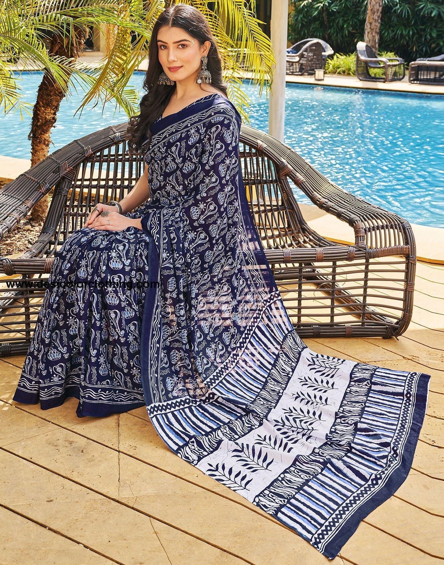Dark Blue Printed Cotton Pre-Draped Saree