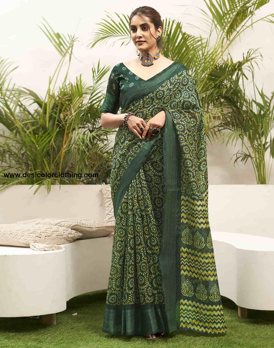 Dark Green Cotton Printed Saree