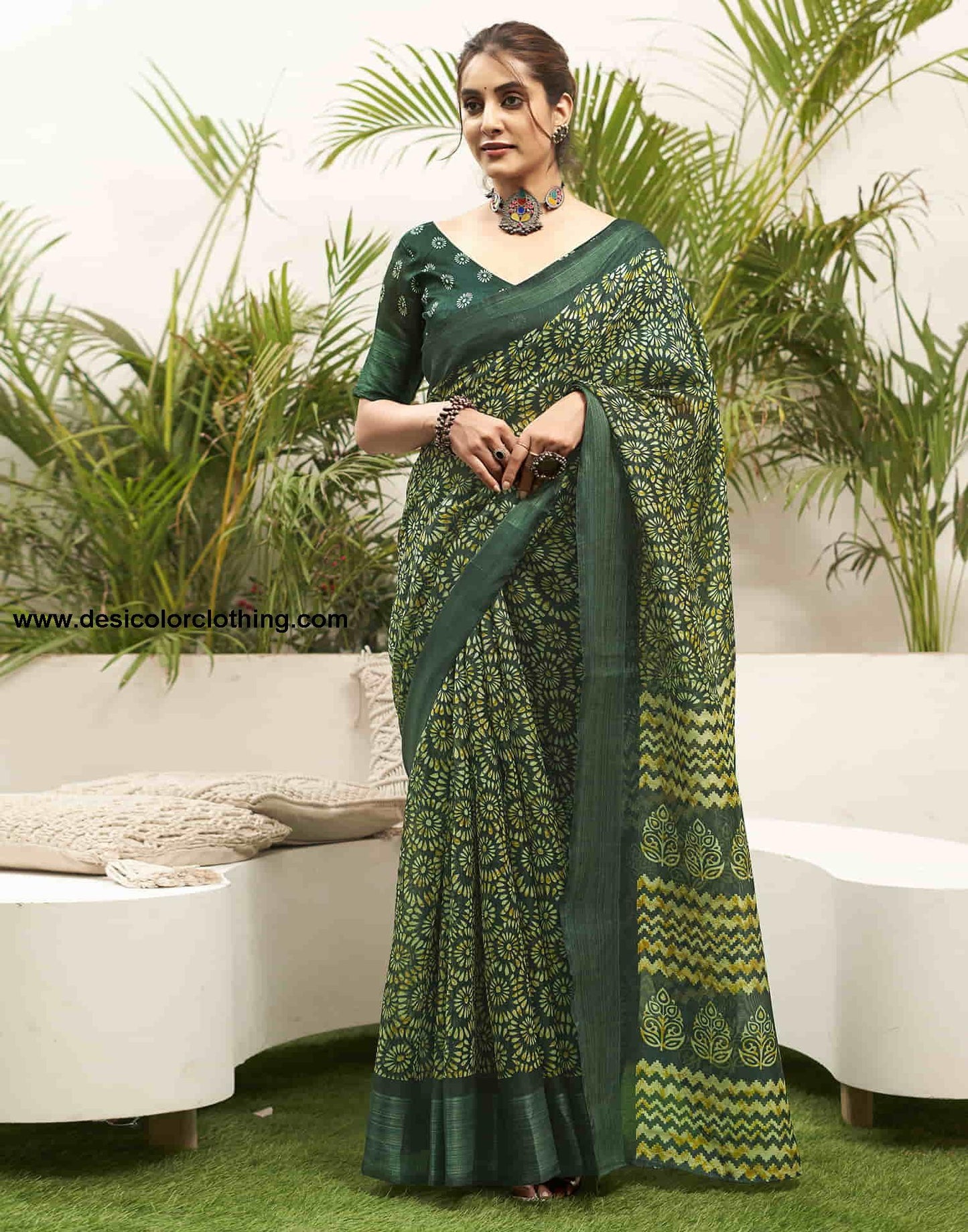 Dark Green Cotton Printed Saree