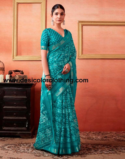 Teal Blue Cotton Zari Saree
