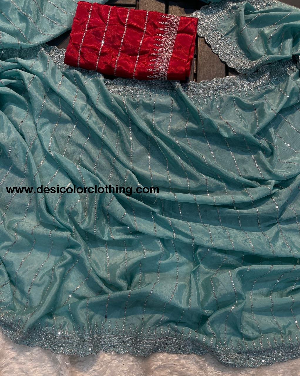 Pure soft Chinon silk sarees with amazing 3 mm C Pallu sequence work with Cut  work border*