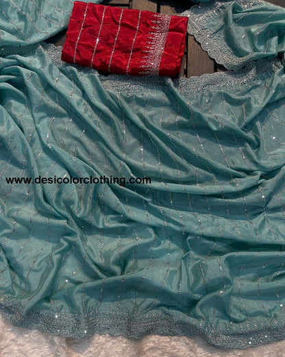 Pure soft Chinon silk sarees with amazing 3 mm C Pallu sequence work with Cut  work border*