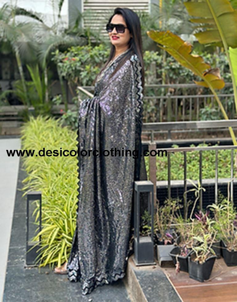 Black Georgette Plain Sarees
