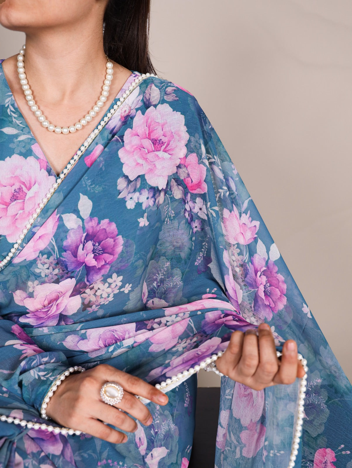 Product Image - Elegant Weightless Marbal Georgette Saree with Pearl Lace Border