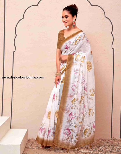 White Cotton Printed Saree