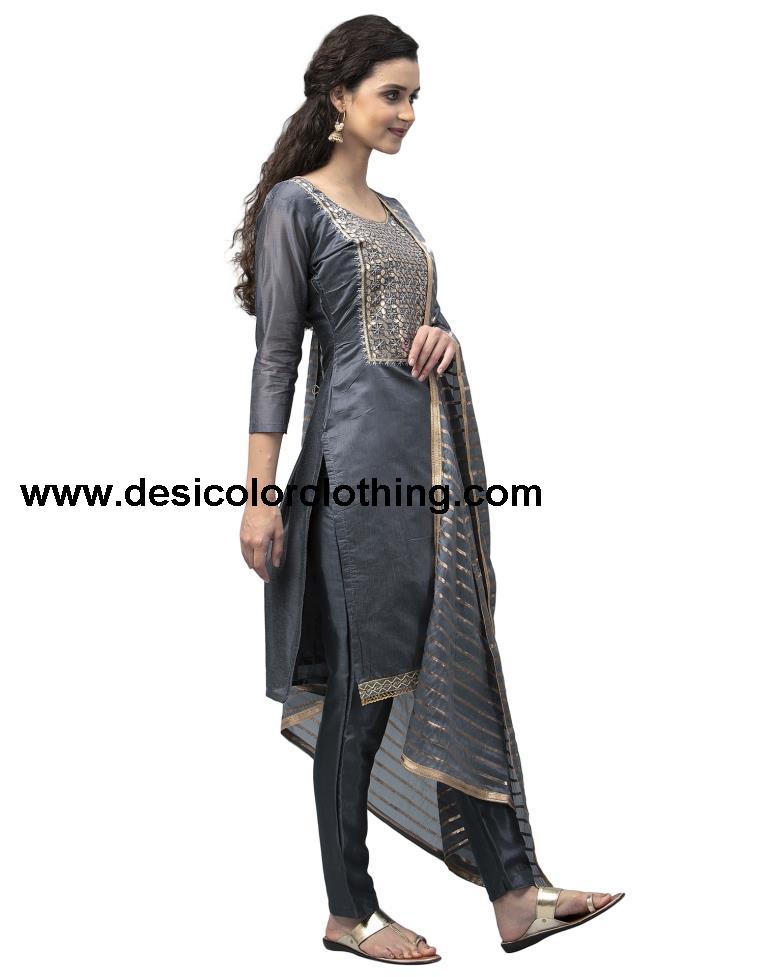Ravishing Grey Cotton Thread Work Unstitched Salwar Suit