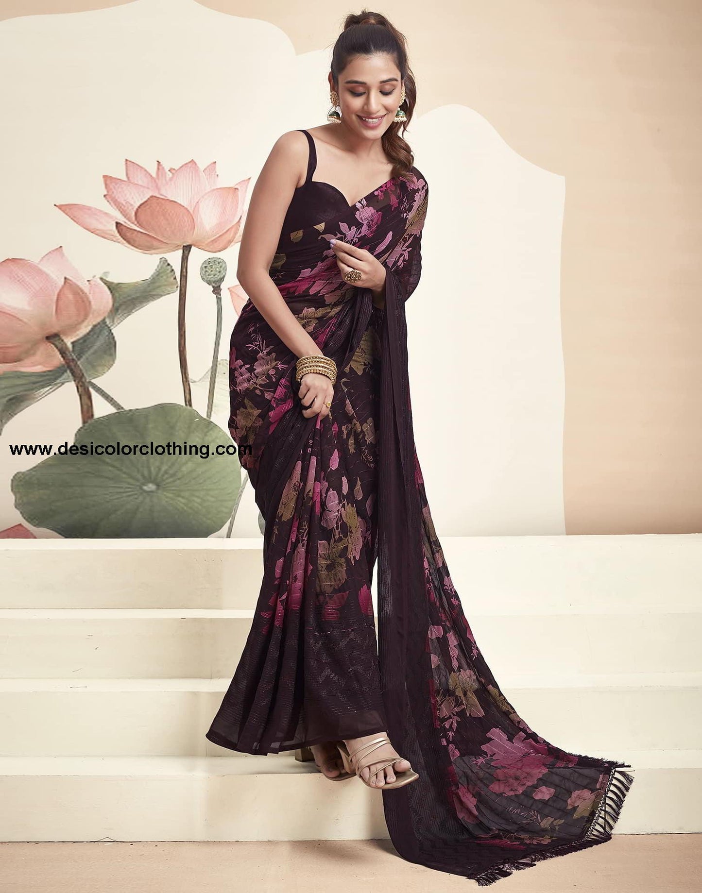 Wine Georgette Printed Saree