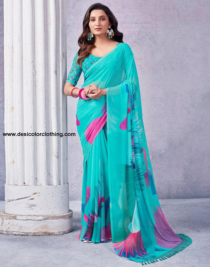 Turquoise Georgette Printed Saree