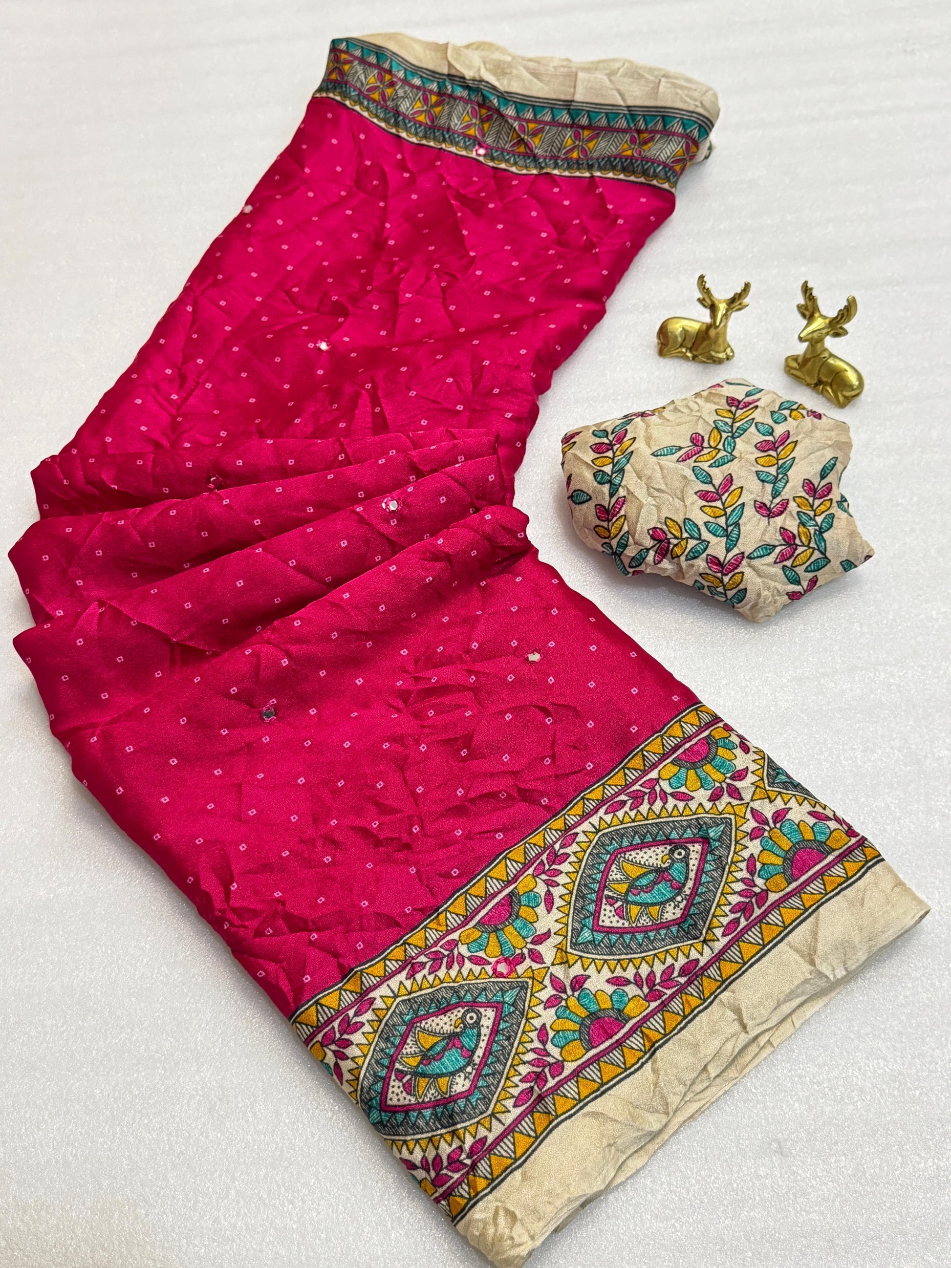 Product Image - Designer Kalamkari Bandhej Saree with Royal Mirror Work