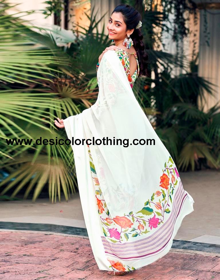 Cream Georgette Printed Saree