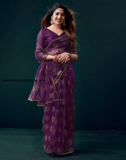 Purple Net Plain Saree