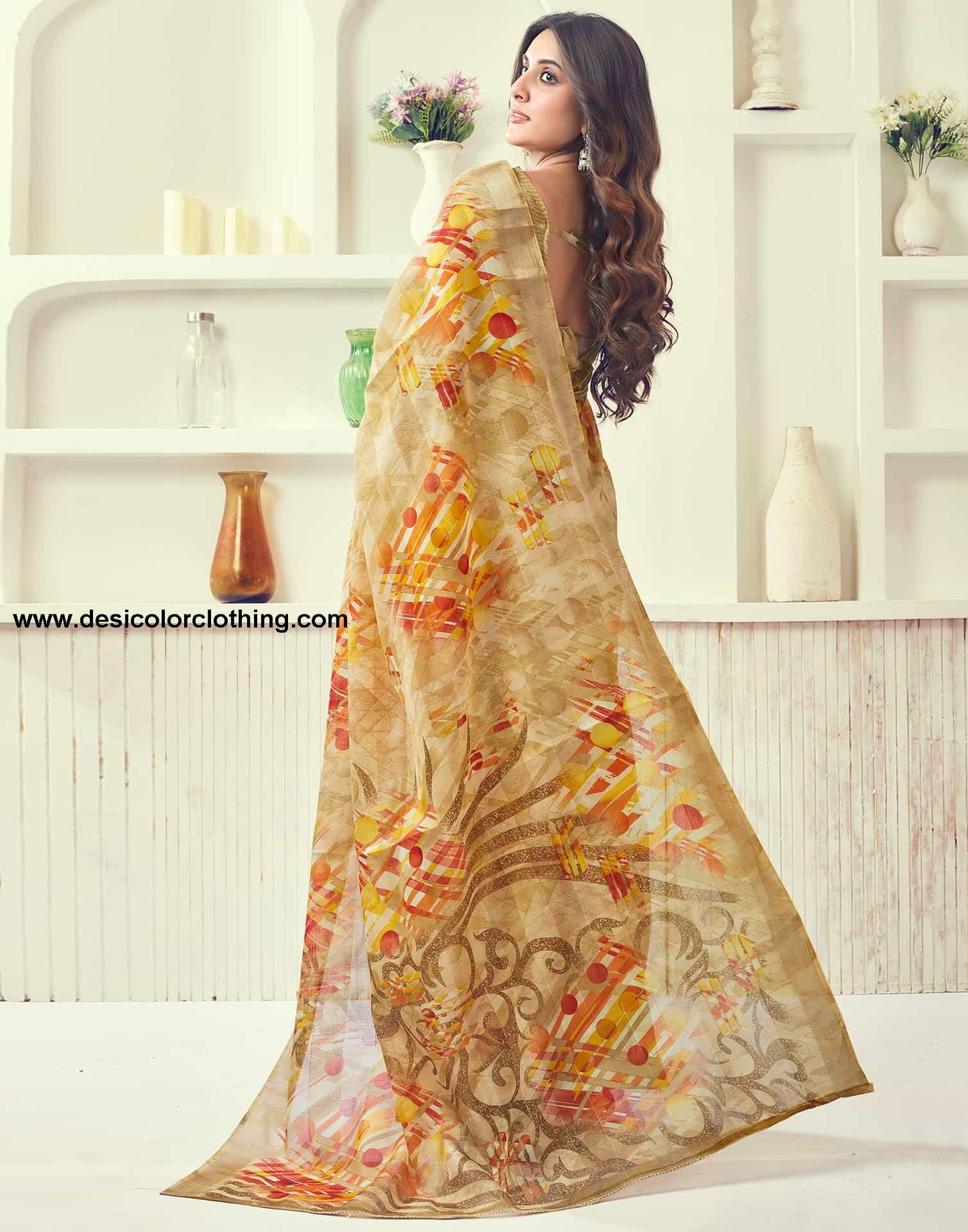 Beige Printed Cotton Geometric Saree