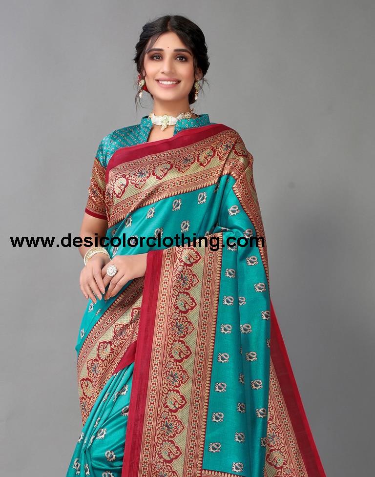 Rama Blue Printed Silk Saree
