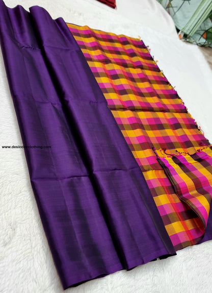 Kanchipuram 100% Pure Handwoven Borderless Silk Saree with Multi-Color Checks