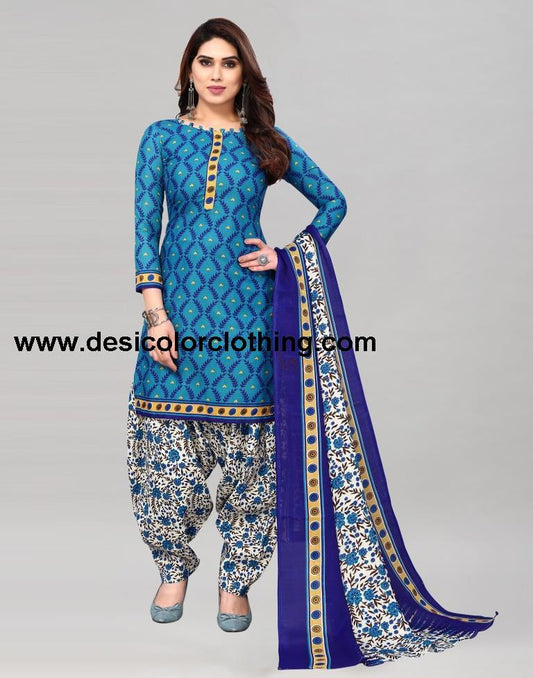 Blue Printed Cotton Unstitched Salwar Suit Material