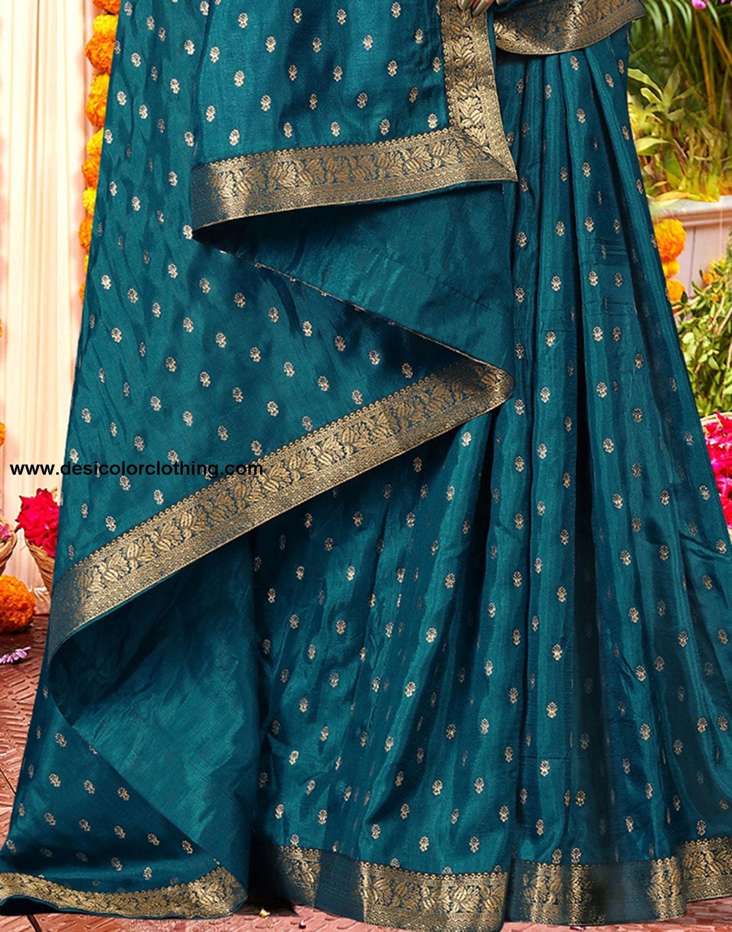Sea Blue Printed Silk Saree