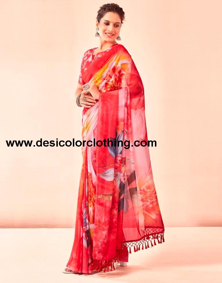 Red Georgette Printed Sarees