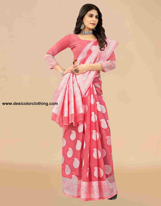Pink Cotton Plain Saree