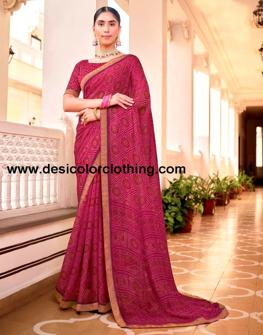 Dark Pink Chiffon Bandhani Saree