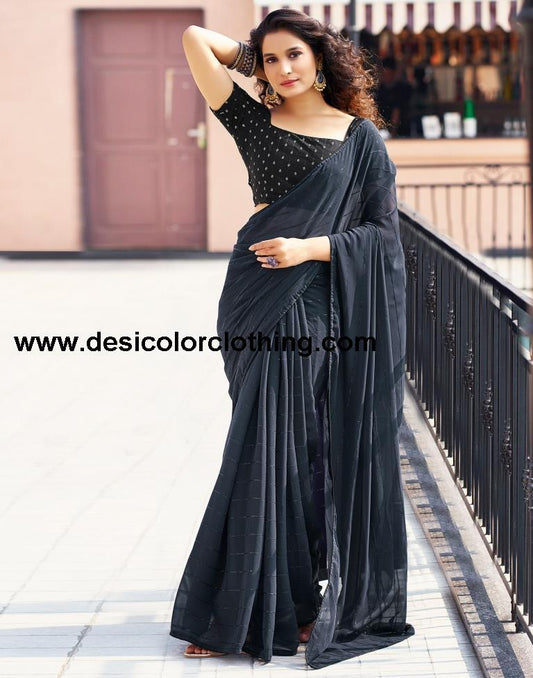 Dark Navy Blue Plain Georgette Saree